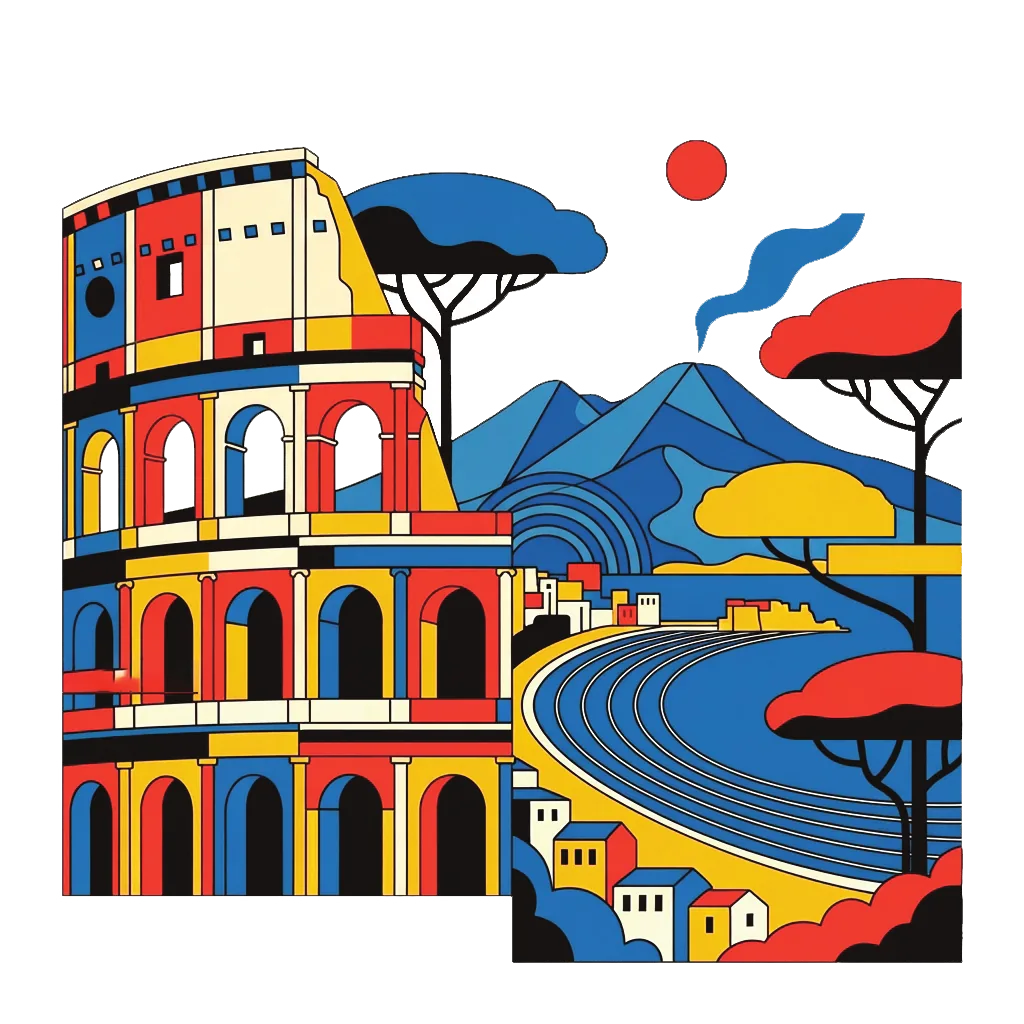 Illustration of the Colosseum, Vesuvius and the Gulf of Naples