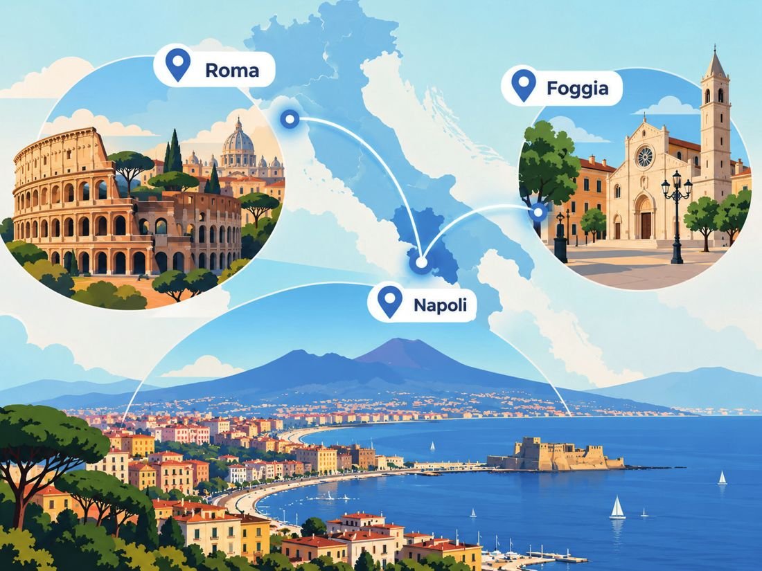 Illustrated map linking Naples, Rome and Foggia